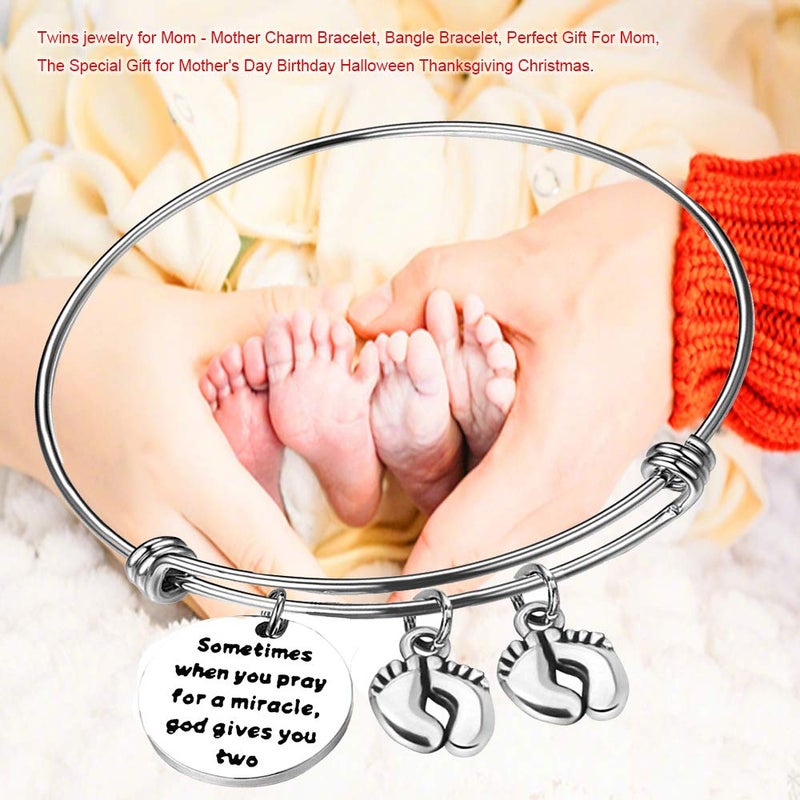 Baipilu Mom Bracelets Twins Jewelry Gift Sometimes When You Pray for a Miracle, God Gives You Two Twin Mom Jewelry Footprint Expandable Bracelet Mother's Day Thanksgiving Christmas Birthday Gift 1PCS - Image 4